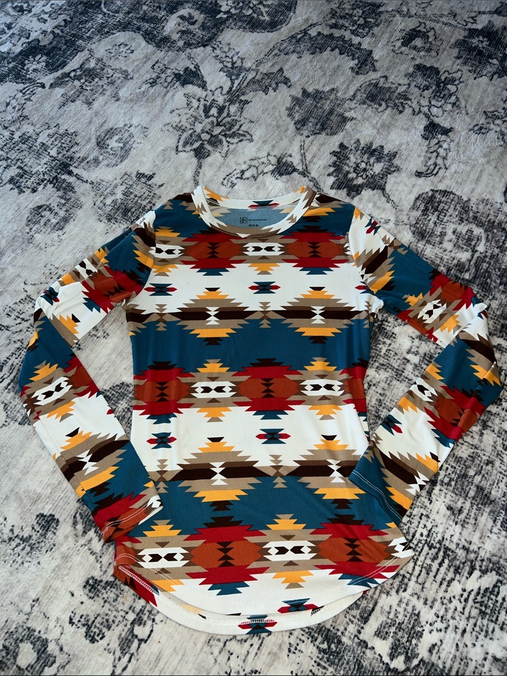 No Boundaries Long-Sleeve Tribal Print Top in Teal, Red, Mustard & Cream